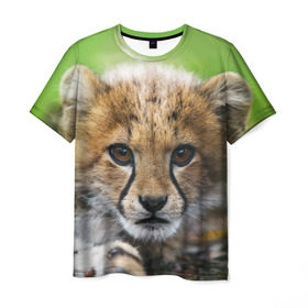 Мужская футболка 3D с принтом Котёнок гепарда в Новосибирске, 100% полиэфир | прямой крой, круглый вырез горловины, длина до линии бедер | Тематика изображения на принте: гепард | дикая кошка | котёнок | кошка | лев | природа | тигр | хищник | ягуар
