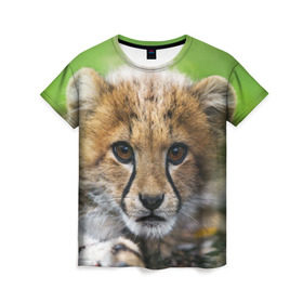 Женская футболка 3D с принтом Котёнок гепарда в Новосибирске, 100% полиэфир ( синтетическое хлопкоподобное полотно) | прямой крой, круглый вырез горловины, длина до линии бедер | гепард | дикая кошка | котёнок | кошка | лев | природа | тигр | хищник | ягуар