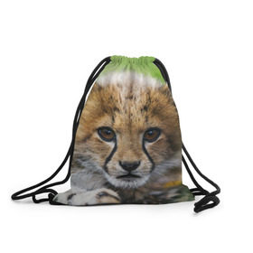 Рюкзак-мешок 3D с принтом Котёнок гепарда в Новосибирске, 100% полиэстер | плотность ткани — 200 г/м2, размер — 35 х 45 см; лямки — толстые шнурки, застежка на шнуровке, без карманов и подкладки | Тематика изображения на принте: гепард | дикая кошка | котёнок | кошка | лев | природа | тигр | хищник | ягуар
