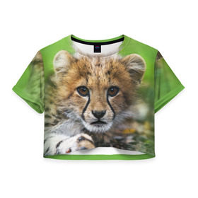 Женская футболка 3D укороченная с принтом Котёнок гепарда в Новосибирске, 100% полиэстер | круглая горловина, длина футболки до линии талии, рукава с отворотами | гепард | дикая кошка | котёнок | кошка | лев | природа | тигр | хищник | ягуар