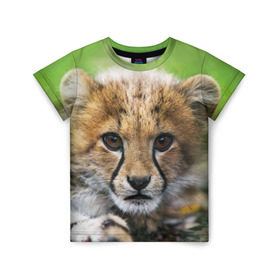 Детская футболка 3D с принтом Котёнок гепарда в Новосибирске, 100% гипоаллергенный полиэфир | прямой крой, круглый вырез горловины, длина до линии бедер, чуть спущенное плечо, ткань немного тянется | Тематика изображения на принте: гепард | дикая кошка | котёнок | кошка | лев | природа | тигр | хищник | ягуар