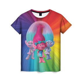 Женская футболка 3D с принтом Тролли в Новосибирске, 100% полиэфир ( синтетическое хлопкоподобное полотно) | прямой крой, круглый вырез горловины, длина до линии бедер | princess poppy | troll poppy | troll satin and chenille | trolls | розочка | сатинка и синелька | тролли | цветан