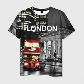 Мужская футболка 3D с принтом Улицы Лондона в Новосибирске, 100% полиэфир | прямой крой, круглый вырез горловины, длина до линии бедер | bus | city | england | evening | lights | london | night | street | two storey | united kingdom | автобус | англия | великобритания | вечер | город | двухэтажный | лондон | ночь | огни | улица