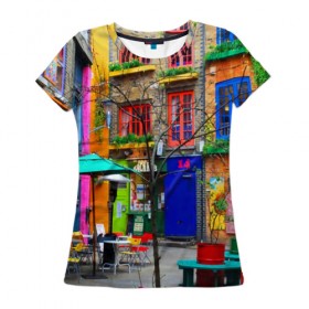 Женская футболка 3D с принтом Улицы Лондона в Новосибирске, 100% полиэфир ( синтетическое хлопкоподобное полотно) | прямой крой, круглый вырез горловины, длина до линии бедер | bright | city | color | courtyard | england | london | paint | street | united kingdom | англия | великобритания | город | дворик | краски | лондон | улица | цвет | яркие