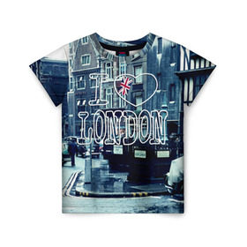 Детская футболка 3D с принтом Улицы Лондона в Новосибирске, 100% гипоаллергенный полиэфир | прямой крой, круглый вырез горловины, длина до линии бедер, чуть спущенное плечо, ткань немного тянется | city | england | flag | heart | i | london | love | street | united kingdom | англия | великобритания | город | лондон | люблю | сердце | улица | флаг | я