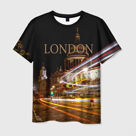 Мужская футболка 3D с принтом Улицы Лондона в Новосибирске, 100% полиэфир | прямой крой, круглый вырез горловины, длина до линии бедер | Тематика изображения на принте: city | england | lights | london | night | street | united kingdom | англия | великобритания | город | лондон | ночь | огни | улица