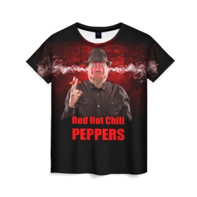 Женская футболка 3D с принтом Red Hot Chili Peppers в Новосибирске, 100% полиэфир ( синтетическое хлопкоподобное полотно) | прямой крой, круглый вырез горловины, длина до линии бедер | звезда | красный | кумир | музыка | перец | рок | рок группа | хит