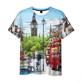 Мужская футболка 3D с принтом Улицы Лондона в Новосибирске, 100% полиэфир | прямой крой, круглый вырез горловины, длина до линии бедер | Тематика изображения на принте: city | england | london | united kingdom | англия | великобритания | город | лондон