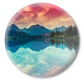 Значок с принтом Горное озеро в Новосибирске,  металл | круглая форма, металлическая застежка в виде булавки | Тематика изображения на принте: пейзаж