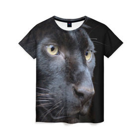 Женская футболка 3D с принтом Черная пантера в Новосибирске, 100% полиэфир ( синтетическое хлопкоподобное полотно) | прямой крой, круглый вырез горловины, длина до линии бедер | животные | кис | киска | кот | котенок | котик | кошечка | кошка | пантера | рысь | тигр | хищник