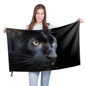 Флаг 3D с принтом Черная пантера в Новосибирске, 100% полиэстер | плотность ткани — 95 г/м2, размер — 67 х 109 см. Принт наносится с одной стороны | животные | кис | киска | кот | котенок | котик | кошечка | кошка | пантера | рысь | тигр | хищник