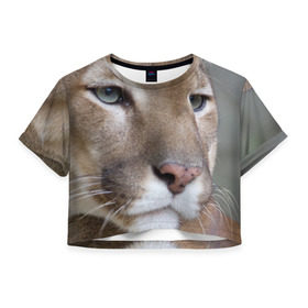 Женская футболка 3D укороченная с принтом Пума в Новосибирске, 100% полиэстер | круглая горловина, длина футболки до линии талии, рукава с отворотами | животные | кис | киска | кот | котенок | котик | кошечка | кошка | львиц | пантера | пума | рысь | хищник