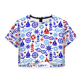 Женская футболка 3D укороченная с принтом Речник в Новосибирске, 100% полиэстер | круглая горловина, длина футболки до линии талии, рукава с отворотами | вода | канат | компас | круг | маяк | море | парус | спасатель | узел | якорь