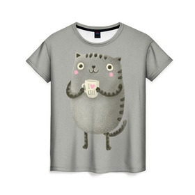 Женская футболка 3D с принтом Cat Love Kill в Новосибирске, 100% полиэфир ( синтетическое хлопкоподобное полотно) | прямой крой, круглый вырез горловины, длина до линии бедер | Тематика изображения на принте: animal | beast | cat | feline | kill | kitty | love | meow | взгляд | животное | зверь | кот | котенок | котик | кофе | кошка | любовь | мяу | чай