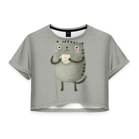 Женская футболка 3D укороченная с принтом Cat Love Kill в Новосибирске, 100% полиэстер | круглая горловина, длина футболки до линии талии, рукава с отворотами | animal | beast | cat | feline | kill | kitty | love | meow | взгляд | животное | зверь | кот | котенок | котик | кофе | кошка | любовь | мяу | чай