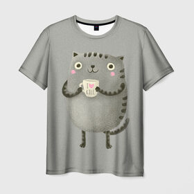 Мужская футболка 3D с принтом Cat Love Kill в Новосибирске, 100% полиэфир | прямой крой, круглый вырез горловины, длина до линии бедер | animal | beast | cat | feline | kill | kitty | love | meow | взгляд | животное | зверь | кот | котенок | котик | кофе | кошка | любовь | мяу | чай