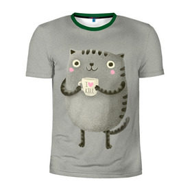 Мужская футболка 3D спортивная с принтом Cat Love Kill в Новосибирске, 100% полиэстер с улучшенными характеристиками | приталенный силуэт, круглая горловина, широкие плечи, сужается к линии бедра | animal | beast | cat | feline | kill | kitty | love | meow | взгляд | животное | зверь | кот | котенок | котик | кофе | кошка | любовь | мяу | чай