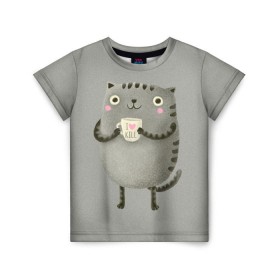 Детская футболка 3D с принтом Cat Love Kill в Новосибирске, 100% гипоаллергенный полиэфир | прямой крой, круглый вырез горловины, длина до линии бедер, чуть спущенное плечо, ткань немного тянется | animal | beast | cat | feline | kill | kitty | love | meow | взгляд | животное | зверь | кот | котенок | котик | кофе | кошка | любовь | мяу | чай