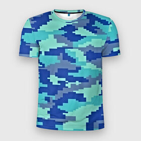 Мужская футболка 3D спортивная с принтом Камуфляж в Новосибирске, 100% полиэстер с улучшенными характеристиками | приталенный силуэт, круглая горловина, широкие плечи, сужается к линии бедра | пиксельный | синий