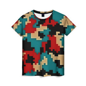 Женская футболка 3D с принтом Camouflage в Новосибирске, 100% полиэфир ( синтетическое хлопкоподобное полотно) | прямой крой, круглый вырез горловины, длина до линии бедер | Тематика изображения на принте: камуфляж | пиксельный | разноцветный
