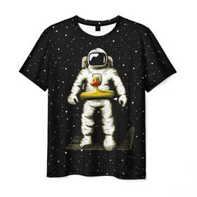 Мужская футболка 3D с принтом Космонавт с уточкой в Новосибирске, 100% полиэфир | прямой крой, круглый вырез горловины, длина до линии бедер | астронавт | ванна | галактика | звезды | космонавт | планета | утка | уточка
