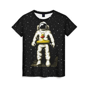 Женская футболка 3D с принтом Космонавт с уточкой в Новосибирске, 100% полиэфир ( синтетическое хлопкоподобное полотно) | прямой крой, круглый вырез горловины, длина до линии бедер | Тематика изображения на принте: астронавт | ванна | галактика | звезды | космонавт | планета | утка | уточка