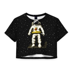 Женская футболка 3D укороченная с принтом Космонавт с уточкой в Новосибирске, 100% полиэстер | круглая горловина, длина футболки до линии талии, рукава с отворотами | Тематика изображения на принте: астронавт | ванна | галактика | звезды | космонавт | планета | утка | уточка