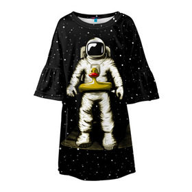 Детское платье 3D с принтом Космонавт с уточкой в Новосибирске, 100% полиэстер | прямой силуэт, чуть расширенный к низу. Круглая горловина, на рукавах — воланы | Тематика изображения на принте: астронавт | ванна | галактика | звезды | космонавт | планета | утка | уточка