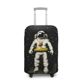 Чехол для чемодана 3D с принтом Космонавт с уточкой в Новосибирске, 86% полиэфир, 14% спандекс | двустороннее нанесение принта, прорези для ручек и колес | астронавт | ванна | галактика | звезды | космонавт | планета | утка | уточка