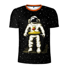 Мужская футболка 3D спортивная с принтом Космонавт с уточкой в Новосибирске, 100% полиэстер с улучшенными характеристиками | приталенный силуэт, круглая горловина, широкие плечи, сужается к линии бедра | астронавт | ванна | галактика | звезды | космонавт | планета | утка | уточка