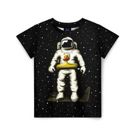 Детская футболка 3D с принтом Космонавт с уточкой в Новосибирске, 100% гипоаллергенный полиэфир | прямой крой, круглый вырез горловины, длина до линии бедер, чуть спущенное плечо, ткань немного тянется | Тематика изображения на принте: астронавт | ванна | галактика | звезды | космонавт | планета | утка | уточка