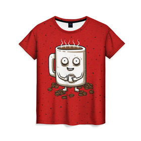 Женская футболка 3D с принтом Кофейный пьяница в Новосибирске, 100% полиэфир ( синтетическое хлопкоподобное полотно) | прямой крой, круглый вырез горловины, длина до линии бедер | coffee | tea | кофе | кружка | утро | чай | чашка