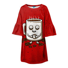 Детское платье 3D с принтом Кофейный пьяница в Новосибирске, 100% полиэстер | прямой силуэт, чуть расширенный к низу. Круглая горловина, на рукавах — воланы | Тематика изображения на принте: coffee | tea | кофе | кружка | утро | чай | чашка