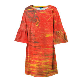 Детское платье 3D с принтом Потертости в Новосибирске, 100% полиэстер | прямой силуэт, чуть расширенный к низу. Круглая горловина, на рукавах — воланы | абстракция | красная | оранжевая | потертая | старая | текстура | цвет | яркая