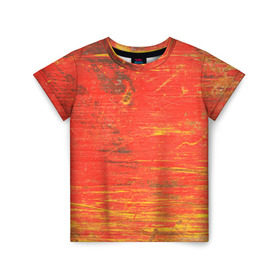 Детская футболка 3D с принтом Потертости в Новосибирске, 100% гипоаллергенный полиэфир | прямой крой, круглый вырез горловины, длина до линии бедер, чуть спущенное плечо, ткань немного тянется | абстракция | красная | оранжевая | потертая | старая | текстура | цвет | яркая