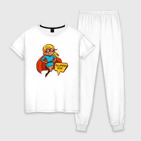 Женская пижама хлопок с принтом Super Mom в Новосибирске, 100% хлопок | брюки и футболка прямого кроя, без карманов, на брюках мягкая резинка на поясе и по низу штанин | 8 марта | мама | супермама