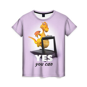 Женская футболка 3D с принтом Да, ты можешь! в Новосибирске, 100% полиэфир ( синтетическое хлопкоподобное полотно) | прямой крой, круглый вырез горловины, длина до линии бедер | Тематика изображения на принте: dragon | бег | дракон | спорт | тренажёр | тренировка | фитнес