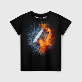 Детская футболка 3D с принтом Шайба - огонь и вода в Новосибирске, 100% гипоаллергенный полиэфир | прямой крой, круглый вырез горловины, длина до линии бедер, чуть спущенное плечо, ткань немного тянется | вода | лед | огонь | пламя | россия | спорт | хоккей | шайба