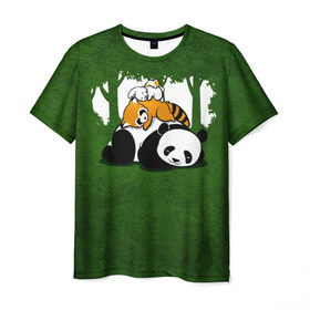 Мужская футболка 3D с принтом Милая панда в Новосибирске, 100% полиэфир | прямой крой, круглый вырез горловины, длина до линии бедер | большая | джунгли | енот | зайка | милая | панда | пушистая
