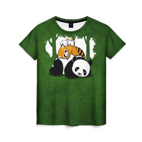 Женская футболка 3D с принтом Милая панда в Новосибирске, 100% полиэфир ( синтетическое хлопкоподобное полотно) | прямой крой, круглый вырез горловины, длина до линии бедер | большая | джунгли | енот | зайка | милая | панда | пушистая