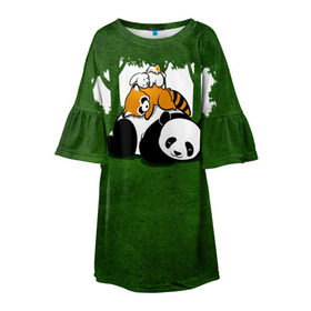Детское платье 3D с принтом Милая панда в Новосибирске, 100% полиэстер | прямой силуэт, чуть расширенный к низу. Круглая горловина, на рукавах — воланы | Тематика изображения на принте: большая | джунгли | енот | зайка | милая | панда | пушистая