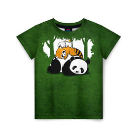 Детская футболка 3D с принтом Милая панда в Новосибирске, 100% гипоаллергенный полиэфир | прямой крой, круглый вырез горловины, длина до линии бедер, чуть спущенное плечо, ткань немного тянется | большая | джунгли | енот | зайка | милая | панда | пушистая