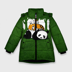 Зимняя куртка для девочек 3D с принтом Милая панда в Новосибирске, ткань верха — 100% полиэстер; подклад — 100% полиэстер, утеплитель — 100% полиэстер. | длина ниже бедра, удлиненная спинка, воротник стойка и отстегивающийся капюшон. Есть боковые карманы с листочкой на кнопках, утяжки по низу изделия и внутренний карман на молнии. 

Предусмотрены светоотражающий принт на спинке, радужный светоотражающий элемент на пуллере молнии и на резинке для утяжки. | большая | джунгли | енот | зайка | милая | панда | пушистая
