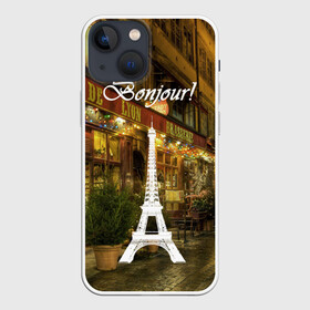 Чехол для iPhone 13 mini с принтом Bonjour в Новосибирске,  |  | bonjour | cafes | eiffel tower | lights | night | paris street | shop windows | shops | the city | витрины | город | кафе | магазины | ночь | огни | париж | привет | улица | эйфелева башня