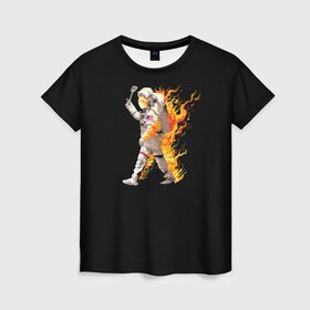 Женская футболка 3D с принтом Горячий космонавт в Новосибирске, 100% полиэфир ( синтетическое хлопкоподобное полотно) | прямой крой, круглый вырез горловины, длина до линии бедер | астронавт | вселенная | космонавт | космос | огонь | планета | тьма | человек
