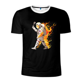 Мужская футболка 3D спортивная с принтом Горячий космонавт в Новосибирске, 100% полиэстер с улучшенными характеристиками | приталенный силуэт, круглая горловина, широкие плечи, сужается к линии бедра | астронавт | вселенная | космонавт | космос | огонь | планета | тьма | человек