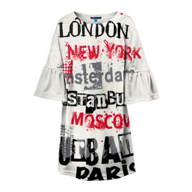 Детское платье 3D с принтом Текстовой арт в Новосибирске, 100% полиэстер | прямой силуэт, чуть расширенный к низу. Круглая горловина, на рукавах — воланы | Тематика изображения на принте: amsterdam | istanbul | london | moscow | new york | paris | urban | амстердам | лондон | москва | нью йорк | париж | стамбул