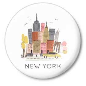 Значок с принтом Нью-Йорк в Новосибирске,  металл | круглая форма, металлическая застежка в виде булавки | new york | воздушные шары | город | деревья | рисунок | такси