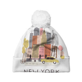 Шапка 3D c помпоном с принтом Нью-Йорк в Новосибирске, 100% полиэстер | универсальный размер, печать по всей поверхности изделия | new york | воздушные шары | город | деревья | рисунок | такси