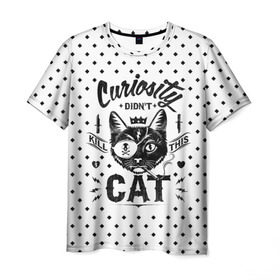 Мужская футболка 3D с принтом Curiosity Cat в Новосибирске, 100% полиэфир | прямой крой, круглый вырез горловины, длина до линии бедер | Тематика изображения на принте: animal | beast | cat | feline | gangsta | kill | king | kitty | meow | nature | гангстер | животное | зверь | король | кот | котенок | котик | кошка | мяу | природа